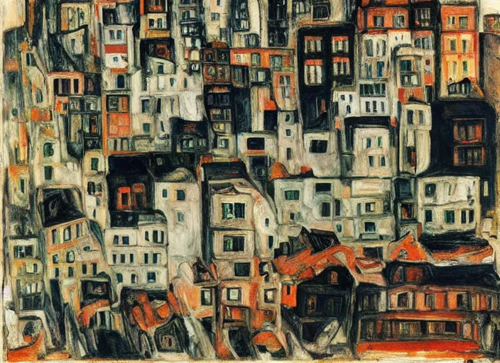 Image similar to a San-Francisco cityscape, houses, trees and hell in style of Chaim Soutine, Egon Schiele city drawings and Frank Auerbach and Bosch