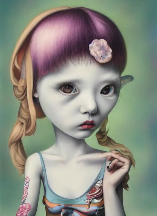 Image similar to pop surrealism, lowbrow art, realistic cute girl painting, japanese street fashion, hyper realism, muted colors, mark ryden, trevor brown style