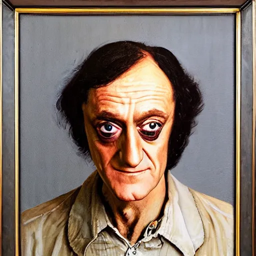 Image similar to a portrait painting of Marty Feldman. Painted by Norman Rockwell