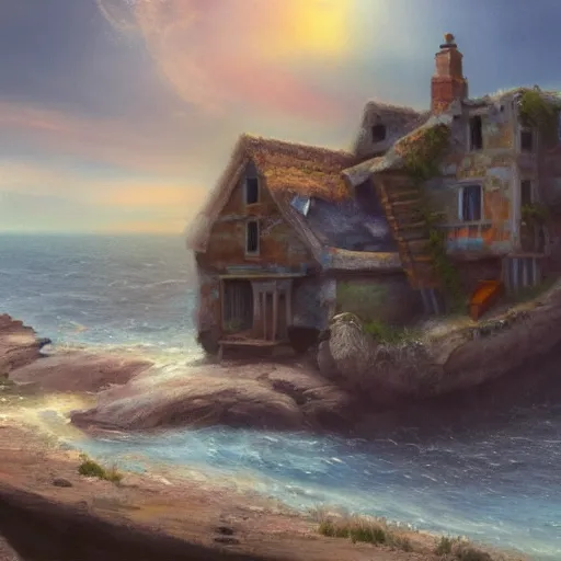 Image similar to aesthetic iridescent crumbling cottage on a cliff by the sea, oil on canvas, artstation, soft render