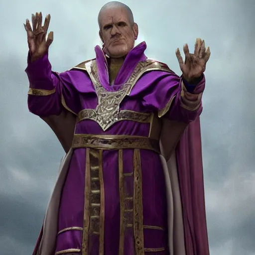 Prompt: pope thanos, purple skin, josh brolin, clerical clothes, full body shot, realistic, highly detailed