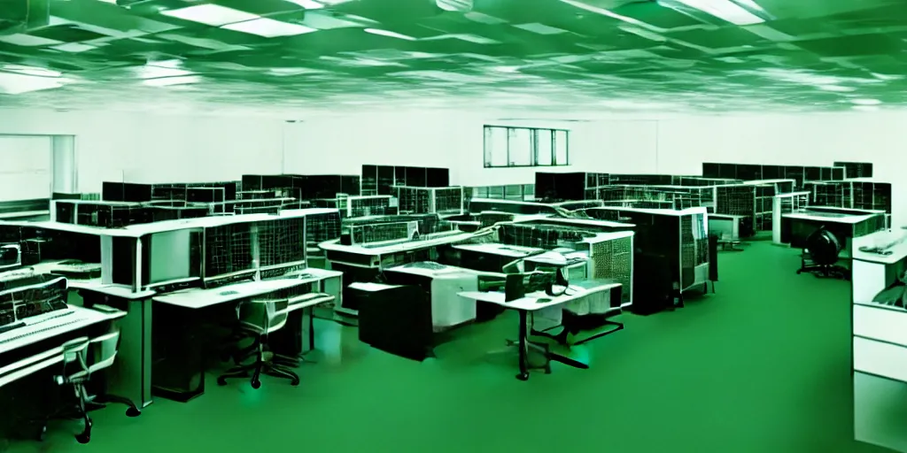 Image similar to a large 1970's computing room with 9-track machines and green glowing screens. by IBM by Amdahl.