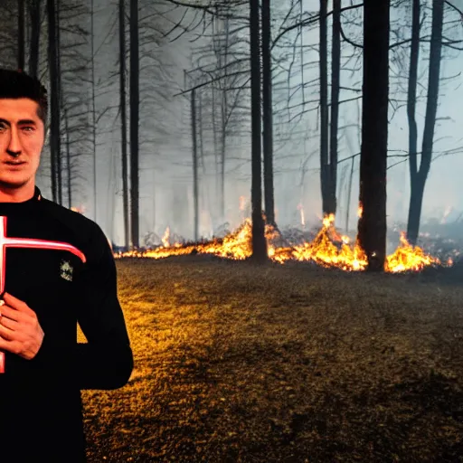 Image similar to robert lewandowski in front of a burning christian cross, night, forest, dark, black