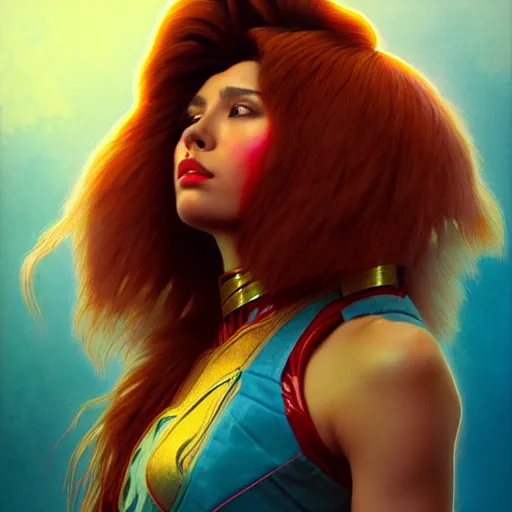 Image similar to beautiful female chewbacca as darna, volumetric lights, red and cyan theme, art nouveau botanicals, intricate, highly detailed, digital painting, artstation, concept art, smooth, sharp focus, cinematic, illustration, beautiful face, art by artgerm and greg rutkowski and alphonse mucha