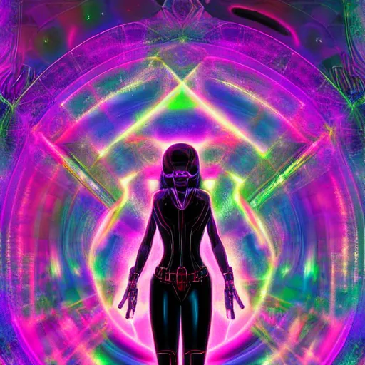 Image similar to long Shot of psychedelic Black widow standing in mysterious chromatic astral temple , beautiful, dmt, omnious, soft, hypermaximalistic, high details, cinematic, 8k resolution, artwork by Wong, Liam