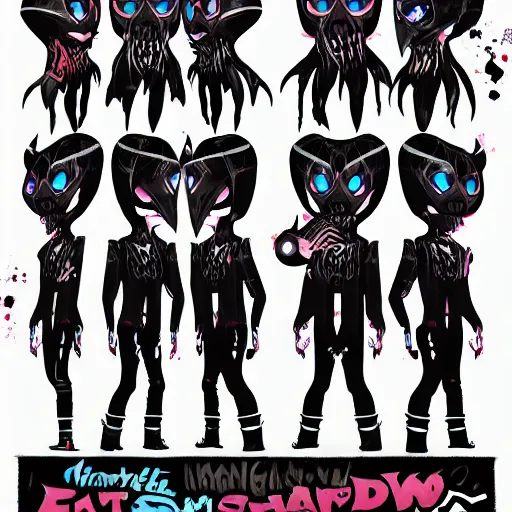 Image similar to character sheets for a new sinister shadowy vampire squid character, artwork in the style of splatoon from nintendo, art by tim schafer from double fine studios, edgy original character color palette from the early two thousands, black light, neon, spray paint, punk outfit, tall thin frame, adult character, fully clothed, vampire, colorful, pop art, official art