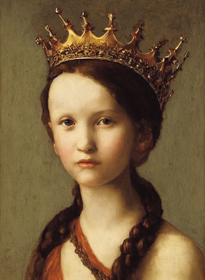 Prompt: portrait of a girl with a fire crown, by Raffaello