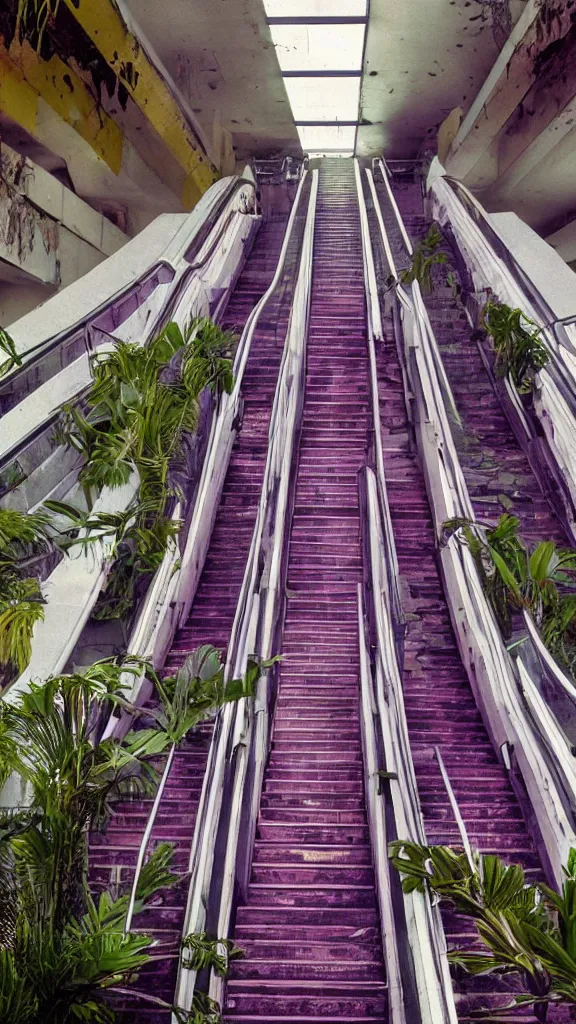 Prompt: 1980s color magazine photo of an escalator in a decaying abandoned mall, with interior potted palm trees, dappled sunlight, cool purple color palette