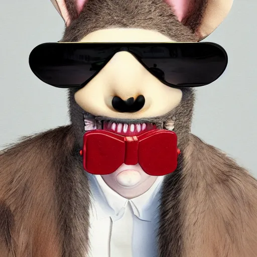 Prompt: an anthropomorphic rat, by zeng fanzhi, digital art, 3 d, studio lighting, post processing, smoking a big cigar, wearing sunglasses, wearing a fur coat