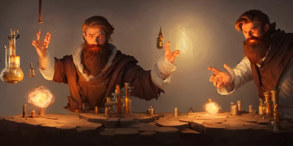 Image similar to a handsome bearded white male mage with brown hair he is casting a spell emanating from his hands, he is in a alchemist workshop filled with beakers and equipment, open hands, sharp focus, waist up, trending on artstation, by greg rutkowski, rudy siswanto and anna podedworna