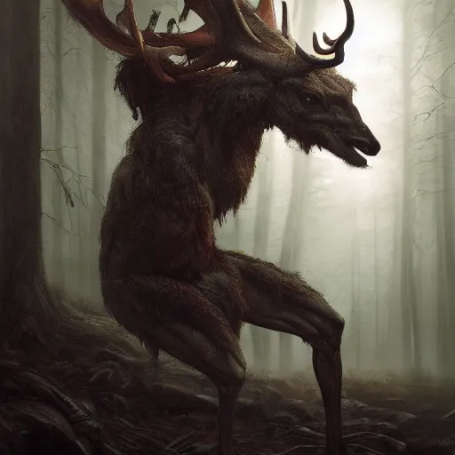 Prompt: anthropomorphic humanoid crouching deer monster in a dark moonlit forest, horror, highly detailed, crouching humanoid, human-like, whole body, by Greg Rutkowski, trending on artstation, 4k