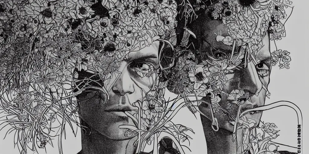 Prompt: risograph grainy drawing futuristic sci - fi antagonist face wearing earrings, photorealistic colors, face covered with plants and flowers, by moebius and satoshi kon and dirk dzimirsky close - up portrait, hyperrealistic