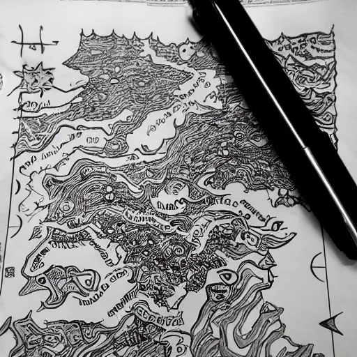 Prompt: a black pen drawn dnd map
