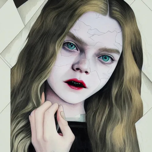 Prompt: Elle Fanning in Vampire Masquerade picture by Sachin Teng, asymmetrical, dark vibes, Realistic Painting , Organic painting, Matte Painting, geometric shapes, hard edges, graffiti, street art:2 by Sachin Teng:4