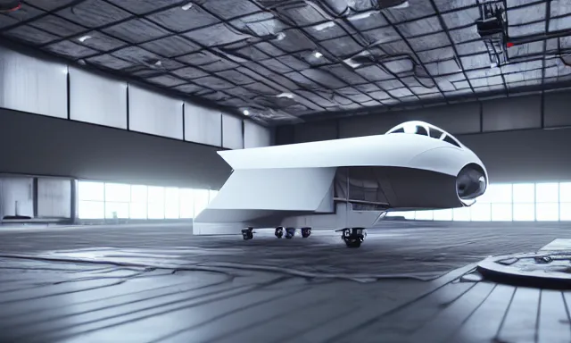 Image similar to octane render, high quality, unreal engine 5, spaceship in hangar