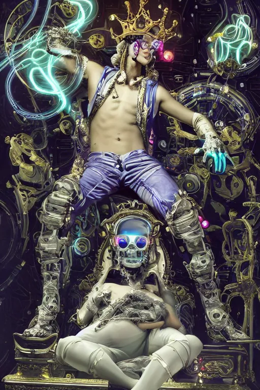 Image similar to full-body rococo and cyberpunk style neon statue of a young attractive portugues macho dotado e rico android sim roupa reclining con piroca dura, glowing white laser eyes, prince crown of blue gears, diamonds, swirling silver-colored silk fabric. futuristic elements. full-length view. space robots. human skulls. intricate artwork by caravaggio. Trending on artstation, octane render, cinematic lighting from the right, hyper realism, octane render, 8k, depth of field, 3D