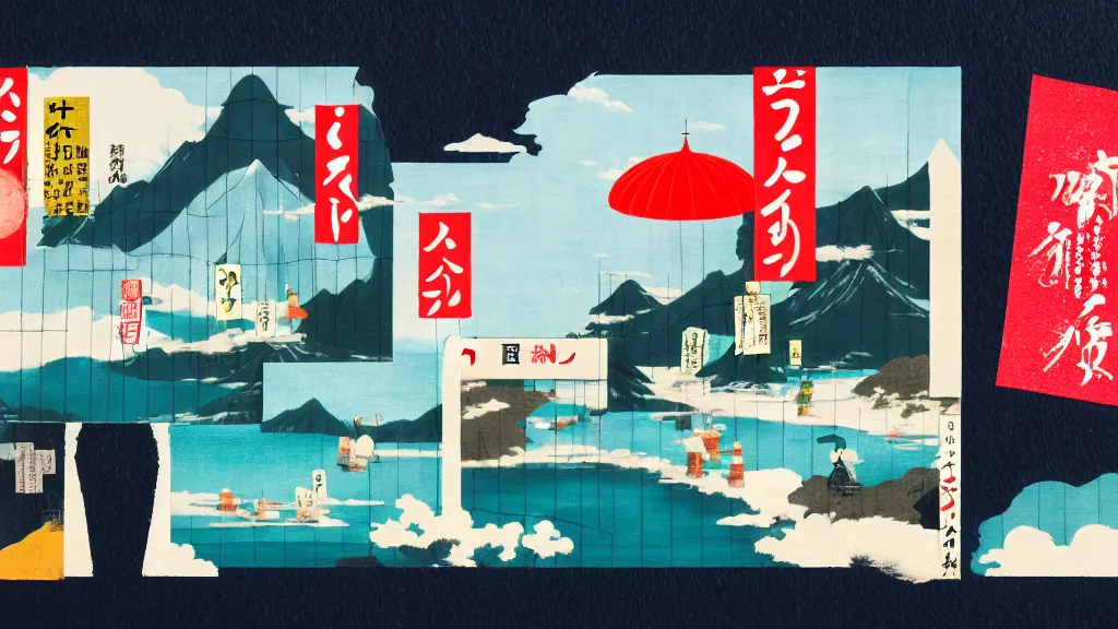 Image similar to a scene representing travel and tourism, japan, a collage painting, in the style of wes anderson, lola dupre, david hockney, isolated on negative white space background dark monochrome neon spraypaint accents volumetric octane render