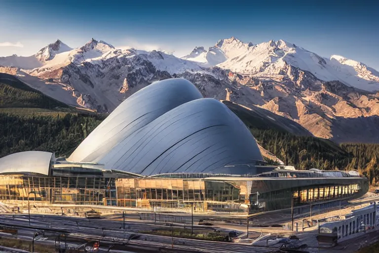 Image similar to architecture photo modern fachwerk giant opera building settlement with Elbrus mountain on the background, architecture, photorealism 8k , shining and happy atmosphere, uplight, high details