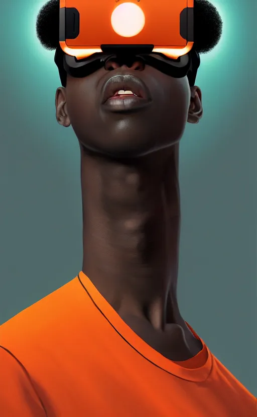 Prompt: handsome black genius hacking the metaverse, vr headset, white t - shirt and jordans floating, three dimensional holographs and translucent orange glow, highly detailed, digital painting, artstation, concept art, smooth, sharp focus, illustration, art by wlop, uang guangjian and gil elvgren and sachin teng and greg rutkowski