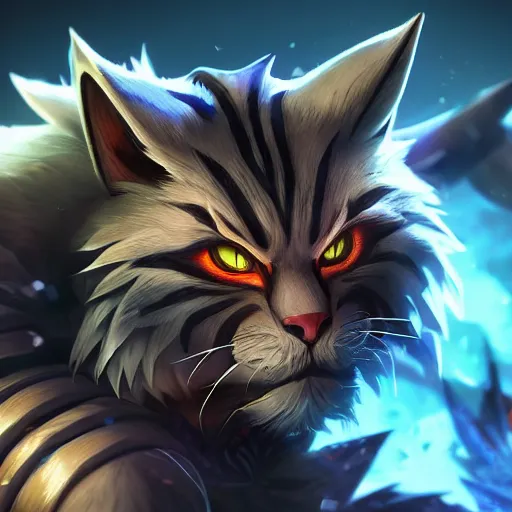 Image similar to league of legends rengar, very detailed, 4 k, chromatic aberration, global illumination, vivid colors, volumetric lighting