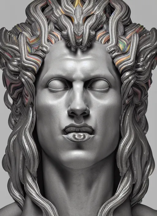 Image similar to stylized rainbow bismuth ornate statue full body made of marble of caesar, perfect symmetrical body, perfect symmetrical face, hyper realistic, hyper detailed, by johannen voss, by michelangelo, octane render, blender, 8 k, displayed in pure white studio room