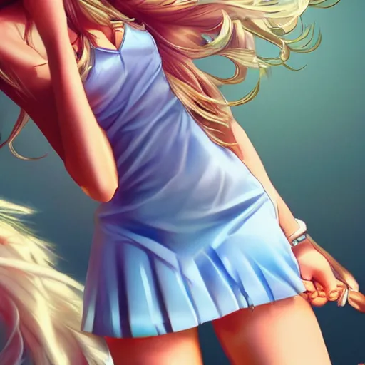 Image similar to a very beautiful young anime tennis girl, full body, long wavy blond hair, sky blue eyes, full round face,, bikini, miniskirt, front view, mid - shot, highly detailed, cinematic wallpaper by stanley artgerm lau
