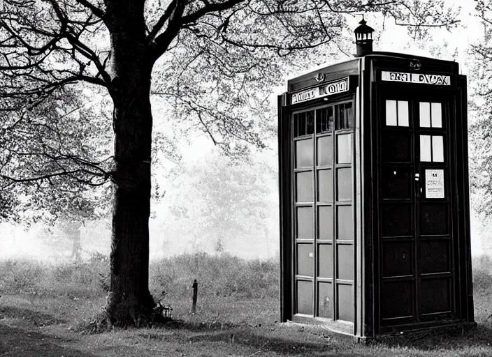 Image similar to photo of a metropolitan police box partially obscured by trees in rural london, police box, tardis, 1936, sepia