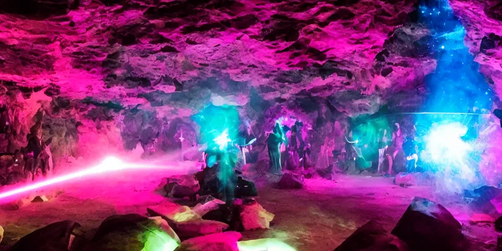 Image similar to goth disco in a cave with pink lasers and blue crystals forming a sphere of knives