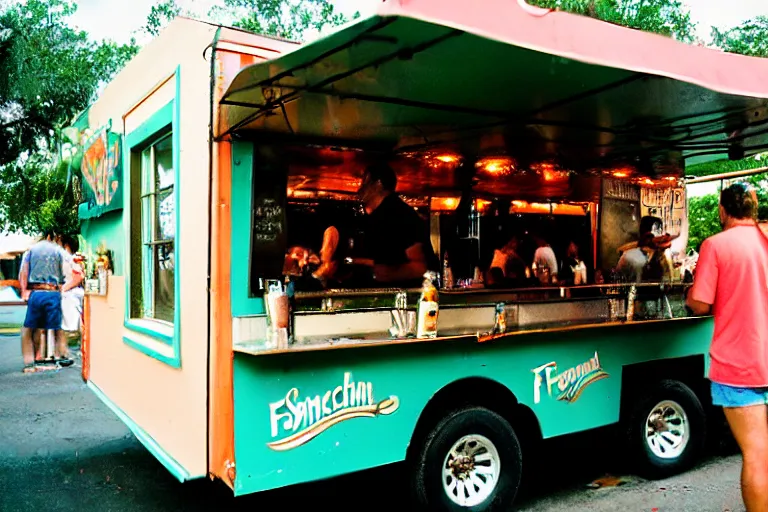 Prompt: Frenchmen Street Food Truck at Swamphead, lots of people, in the style of street photography, susperia 400 film stock