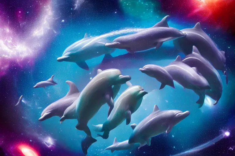 Prompt: a group of cosmic dolphins swimming and jumping out of a ocean of the cosmos, epic composition, 4 k