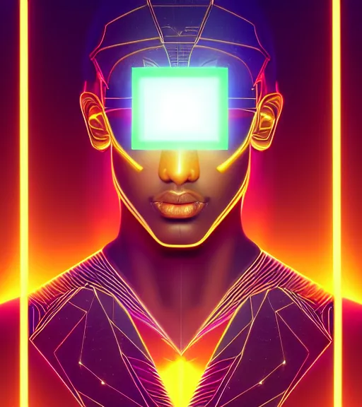 Image similar to symmetry!! egyptian prince of technology, solid cube of light, hard edges, product render retro - futuristic poster scifi, lasers and neon circuits, brown skin man egyptian prince, intricate, elegant, highly detailed, digital painting, artstation, concept art, smooth, sharp focus, illustration, dreamlike, art by artgerm