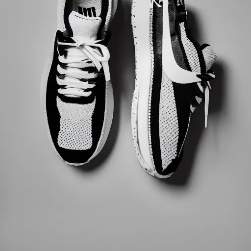 Image similar to a studio photoshoot of a heritage Nike Off-white waffle running shoe designed by Virgil Abloh, soft suede with knitted mesh material, rubber Waffle outsole, realistic, color film photography by Tlyer Mitchell, 35 mm, graflex