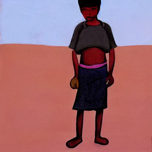 Image similar to indigenous boy standing on a barren plain muted colors