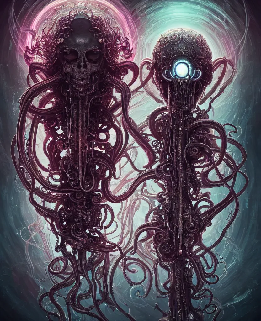 Prompt: queen of death. intricate portrait, occult cyberpunk, ancient futuristic, dark art, occult. intricate biomechanical, bioluminescent halo, cybernetic jellyfish, tentacles, by Petros Afshar, by artgerm, by Eddie Mendoza, by Peter mohrbacher by tooth wu, unreal engine, octane render, cinematic light, high details, iridescent colors