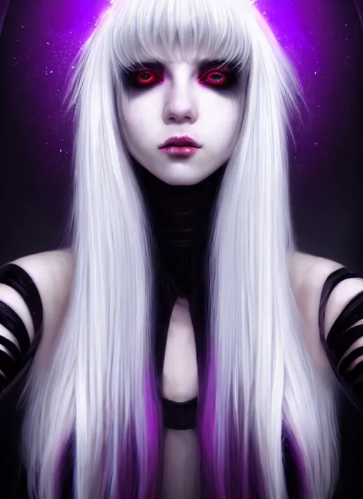 Image similar to hair whitebangs hair, black cyberlox, portrait of normal teenage girl, white bangs, messy bangs, fluffy bangs, cyberlox, whitebangs, red contact lenses, purple background, intricate, elegant, highly detailed, digital painting, artstation, concept art, sharp focus, smooth, illustration, art by wlop, mars ravelo and greg rutkowski