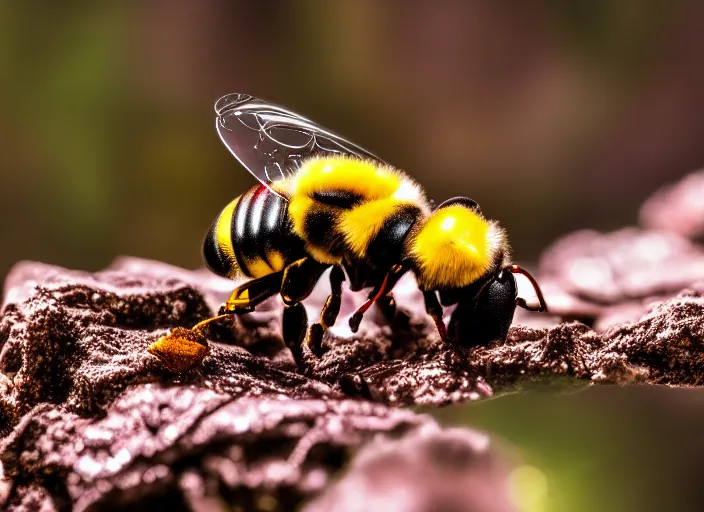 Image similar to super macro of a mechanical robotic cyborg bee drinking from a flower in the forest. fantasy magic style. highly detailed 8 k. intricate. nikon d 8 5 0 3 0 0 mm. award winning photography.