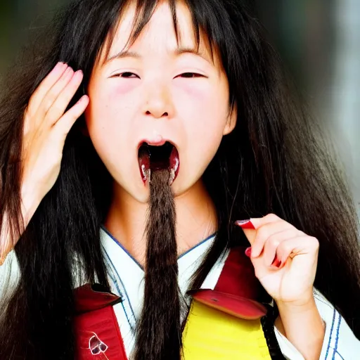 Image similar to National Geographic photo of angry japan school girl with spiders in her mouth