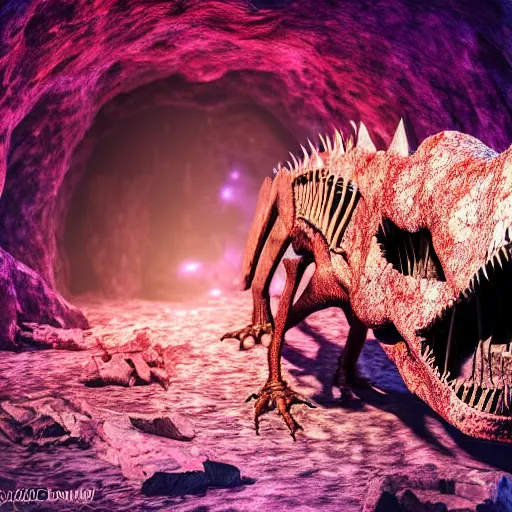 Image similar to photorealistic dinosaur skeleton inside a beautiful geode of colored crystals, volumetric lighting