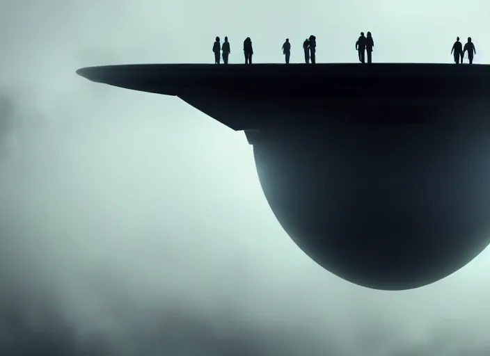 Image similar to a lot of people are watching an alien ship in the form of a sphere flying over them, fog, rain, volumetric lighting, beautiful, mystique, golden hour, sharp focus, ultra detailed, concept art, gilles beloeil, andy park, jan urschel, dylan cole, noir art house, 4 k, 3 5 mm, fujifilm