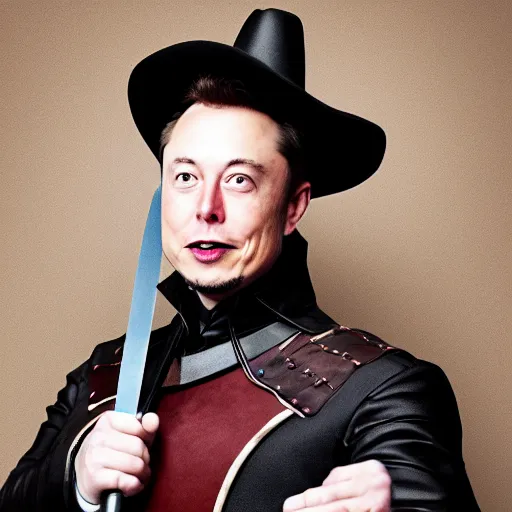 Image similar to photo of elon musk as a musketeer, he has a big black hat with a red feather, he is holding a shiny rapier sword, he is posing and looking straight to the camera, brown background, studio lighting, 4 k, 8 k