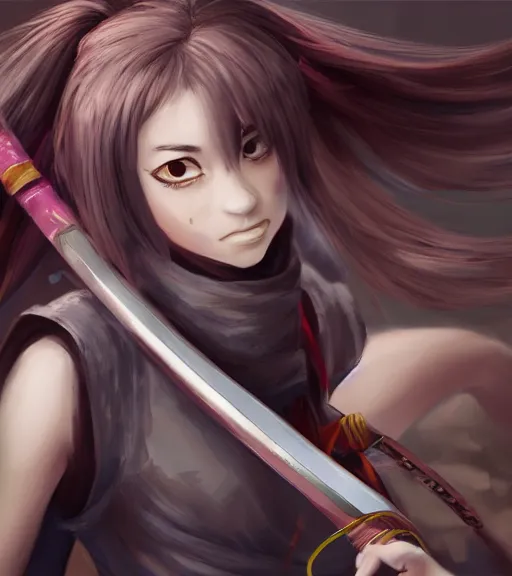 Image similar to a girl holding a katana, ponytail, highly detailed, digital painting, artstation, concept art, smooth, sharp focus, kunoichi, illustration, style of eiichiro oda