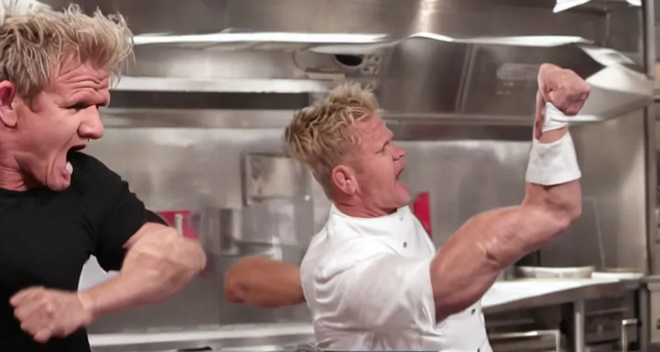 Image similar to photo of angry furious Gordon Ramsay punching Gordon Ramsay at the kitchen