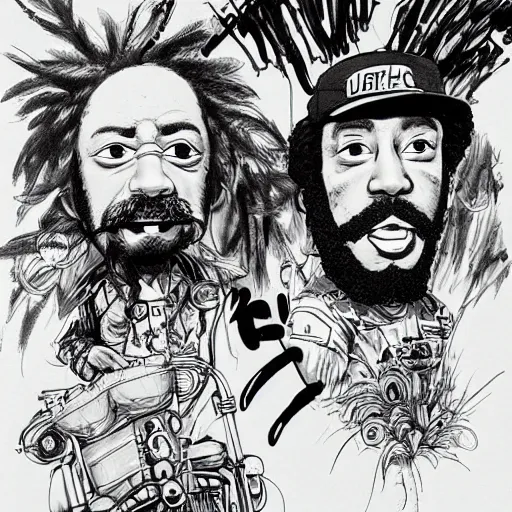 Prompt: portrait of cheech and chong as portrayed in up in smoke, concept art, sumi - e style, intricate linework, artstation, trending, highly detailed, smooth, focus, art by yoji shinkawa,