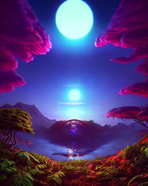 Prompt: nature by frederic edwin church, tokyo darkacademia synthwave neon noir nightvision infrared retrowave uv light nightsky laser reclaimed by nature at dusk at night fisheye cgsociety at dawn rainforest cosmic alien futuristic poppy atlantis morning sun tron studio ghibli lake, archdaily, wallpaper, highly detailed, trending on artstation.