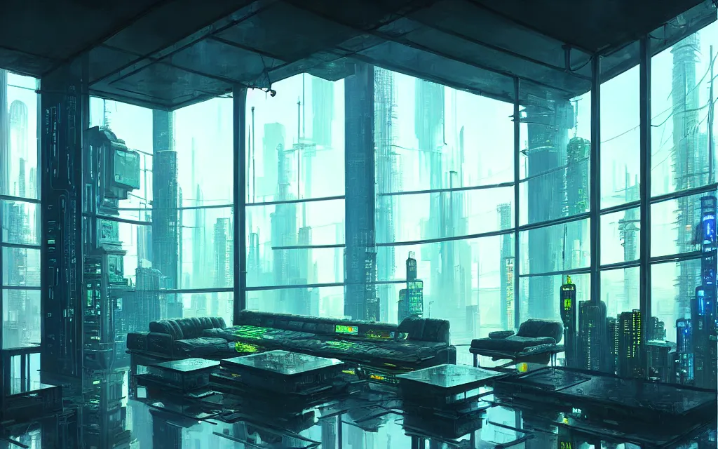 Image similar to cyberpunk loft lounge with tall windows, no people, city in background, drawn by feng zhu, sparse plants, dim painterly lighting volumetric aquatics, impasto