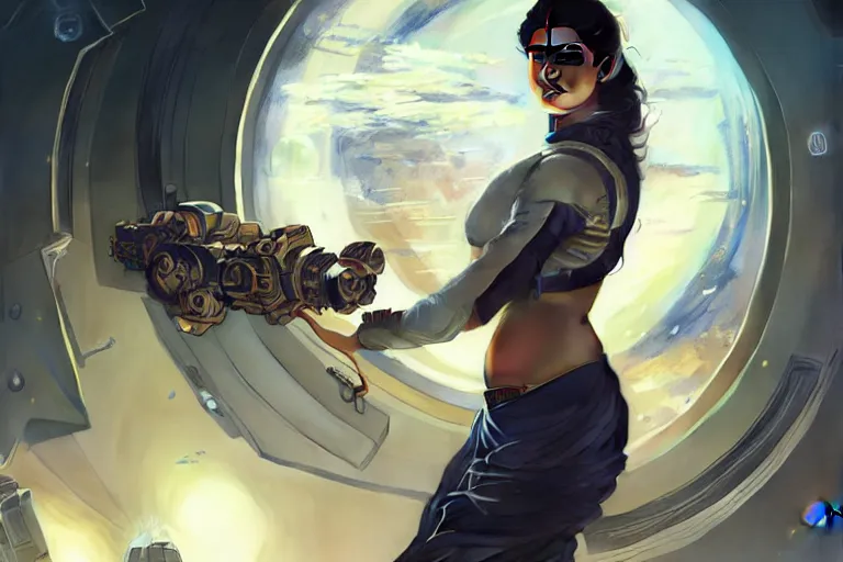 Image similar to Sensual beautiful female Aryan young Indian doctors wearing Deus Ex Human Revolution clothing in a space station above Earth, portrait, elegant, intricate, digital painting, artstation, concept art, smooth, sharp focus, illustration, art by artgerm and greg rutkowski and alphonse mucha