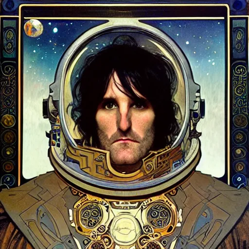 Image similar to space bounty hunter noel fielding, fantasy, d & d, intricate, detailed, by by alphonse mucha, adolfo hohenstein, alice russell glenny, stanley artgerm lau, greg rutkowski, detailed, trending on artstation, trending on artstation, smooth