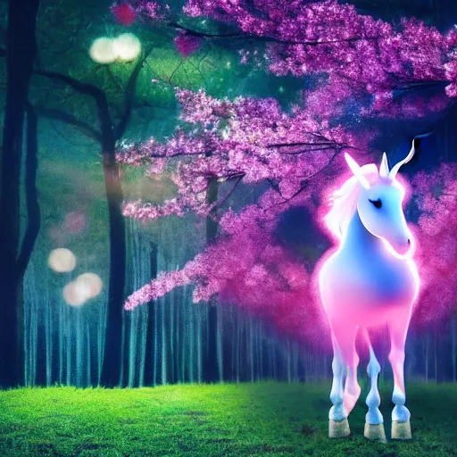 Prompt: a unicorn with a glowing horn, galloping, dreamy, mysterious, sakura petals, forest, extreme bokeh, found footage