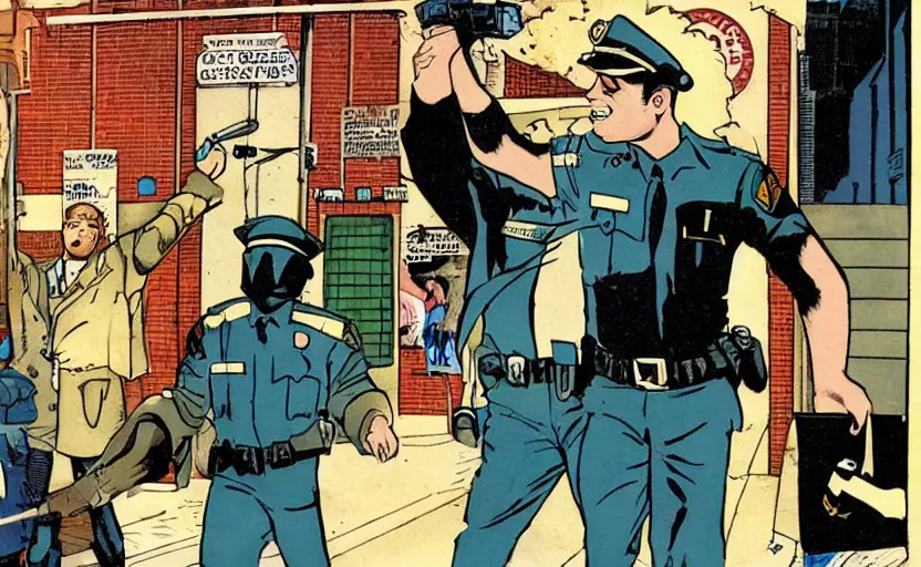 Image similar to a police officer leading a raccoon into the police station by howard chaykin