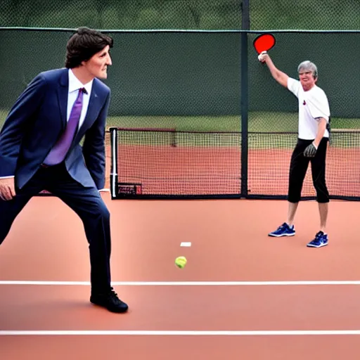 Prompt: justin trudeau facing off against stephen harper in a game of pickleball, photo, 8 k